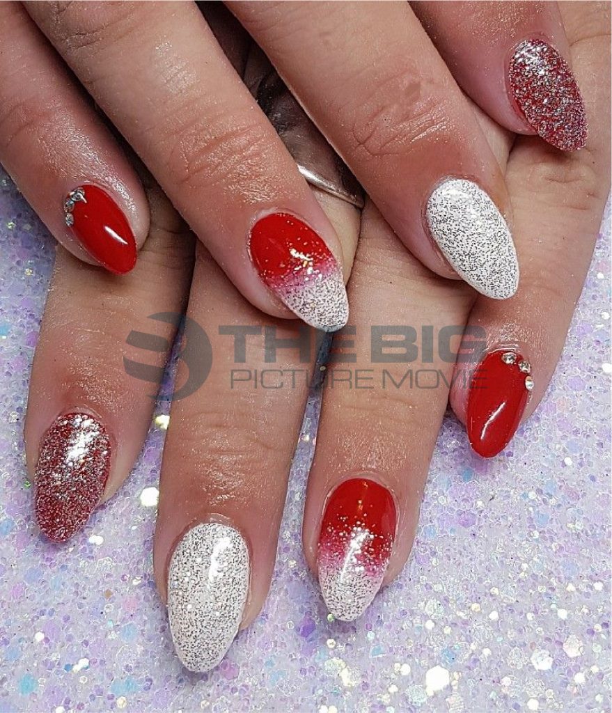Shimmery Red and White Nails